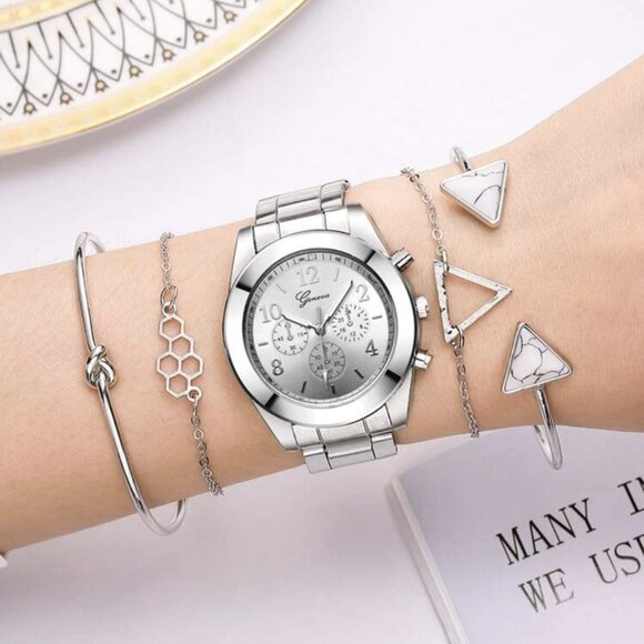 Women Stainless Steel Watch Geneva Quartz & 4 Piece Bracelet Silver NWT - Picture 1 of 4